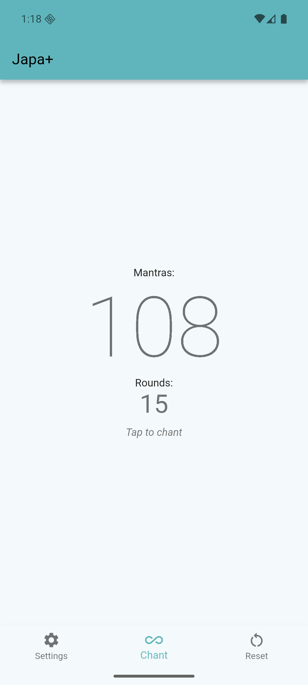 The Japa+ chant screen showing 108 mantras and 15 rounds, with Tap to chant beneath the count.