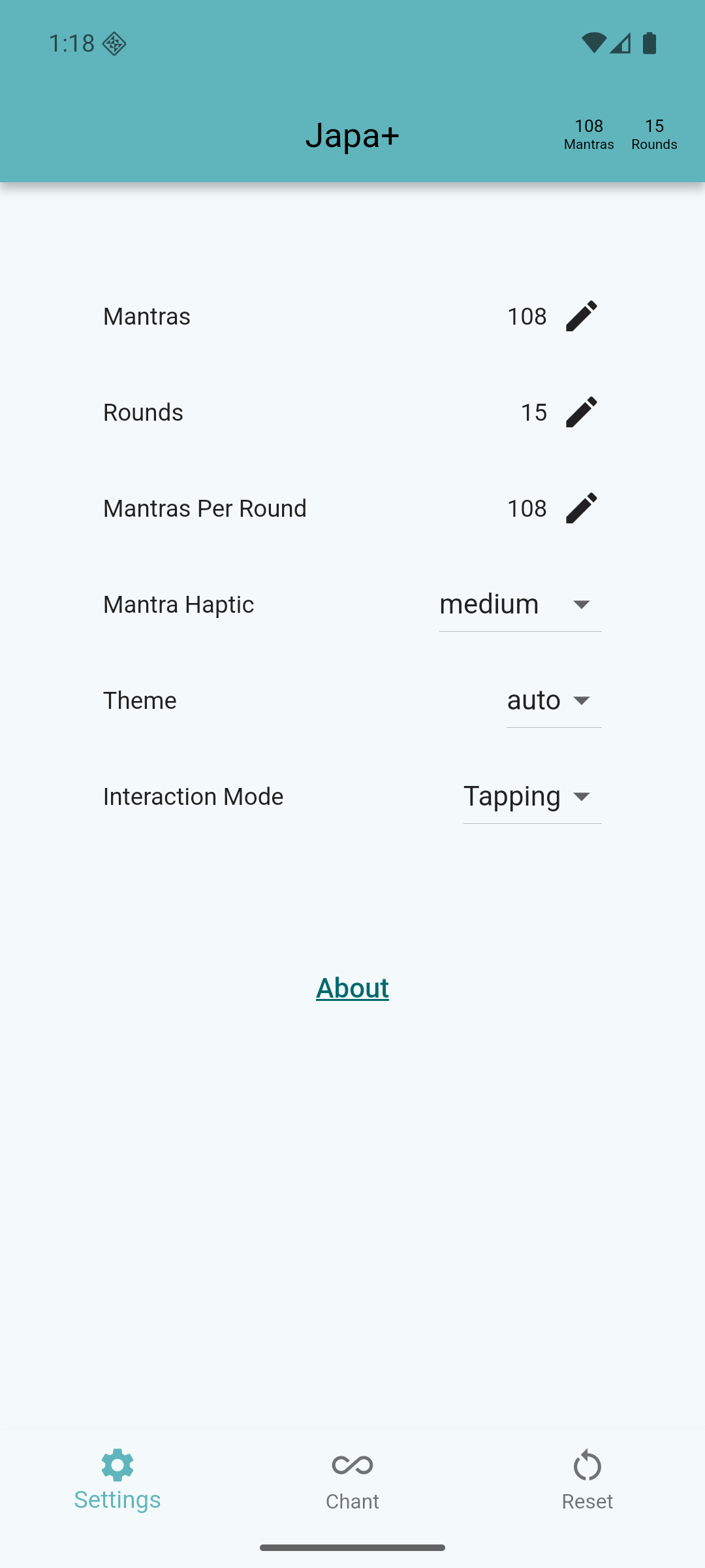 The Japa+ settings screen: mantras per round, interaction mode, haptics, and theme.